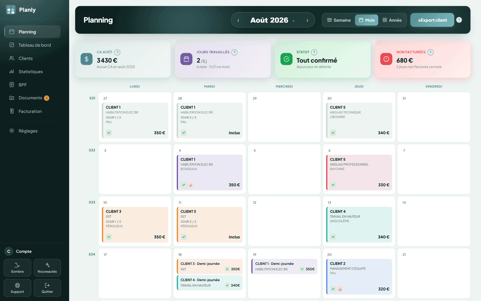 Le planning mensuel de Planly, une couleur par organisme