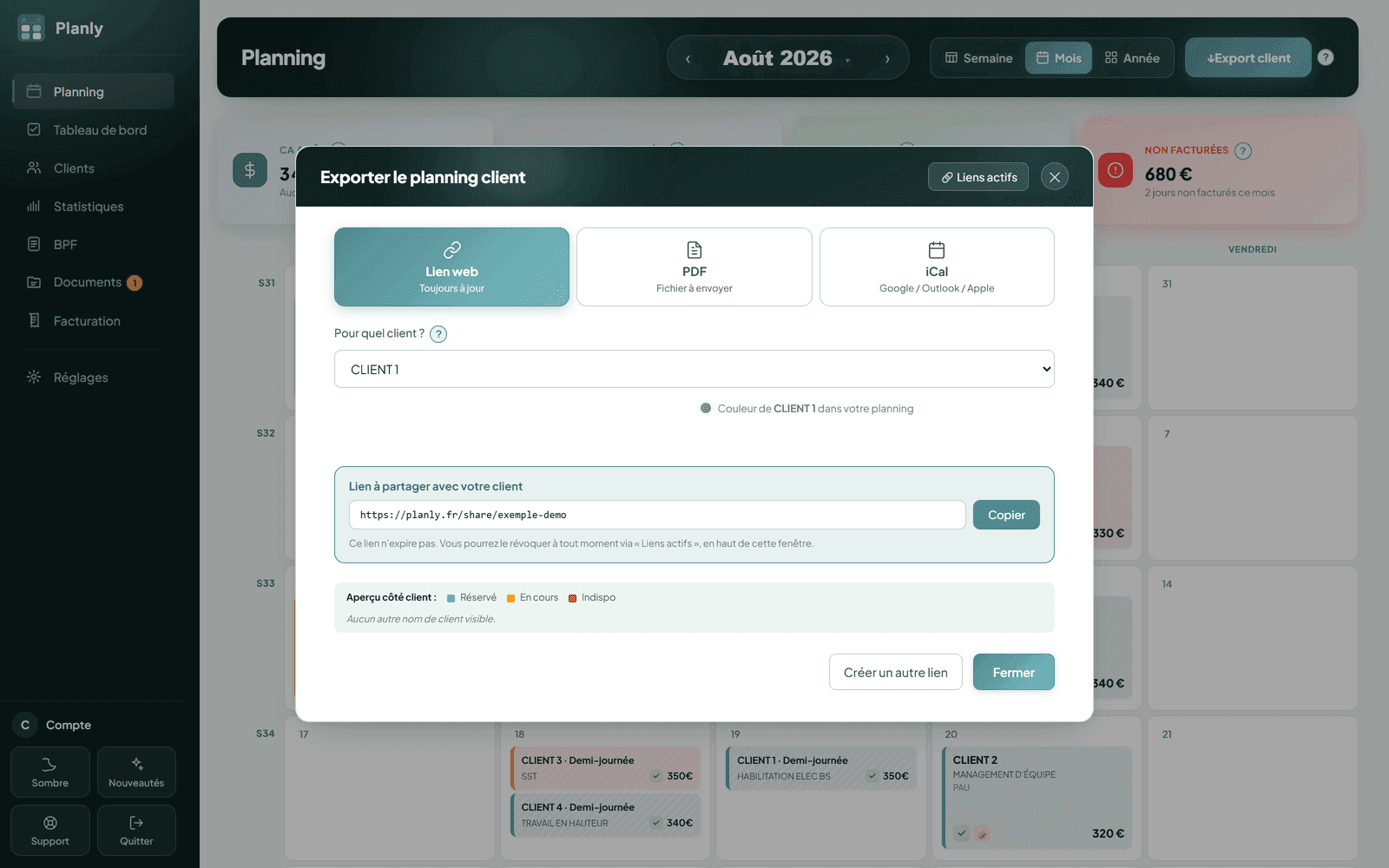La fenêtre de partage du planning : lien web, PDF ou iCal